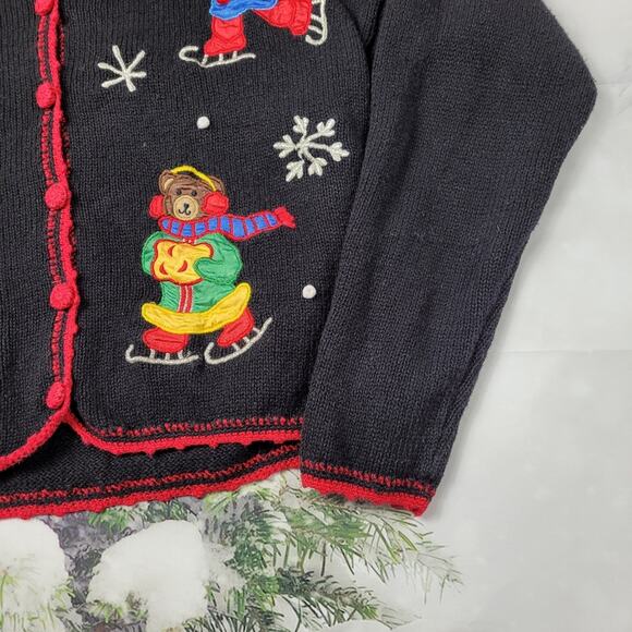 Vintage Nut Cracker Cardigan Ice Skating Bears Embellished Black size Medium - Picture 7 of 9